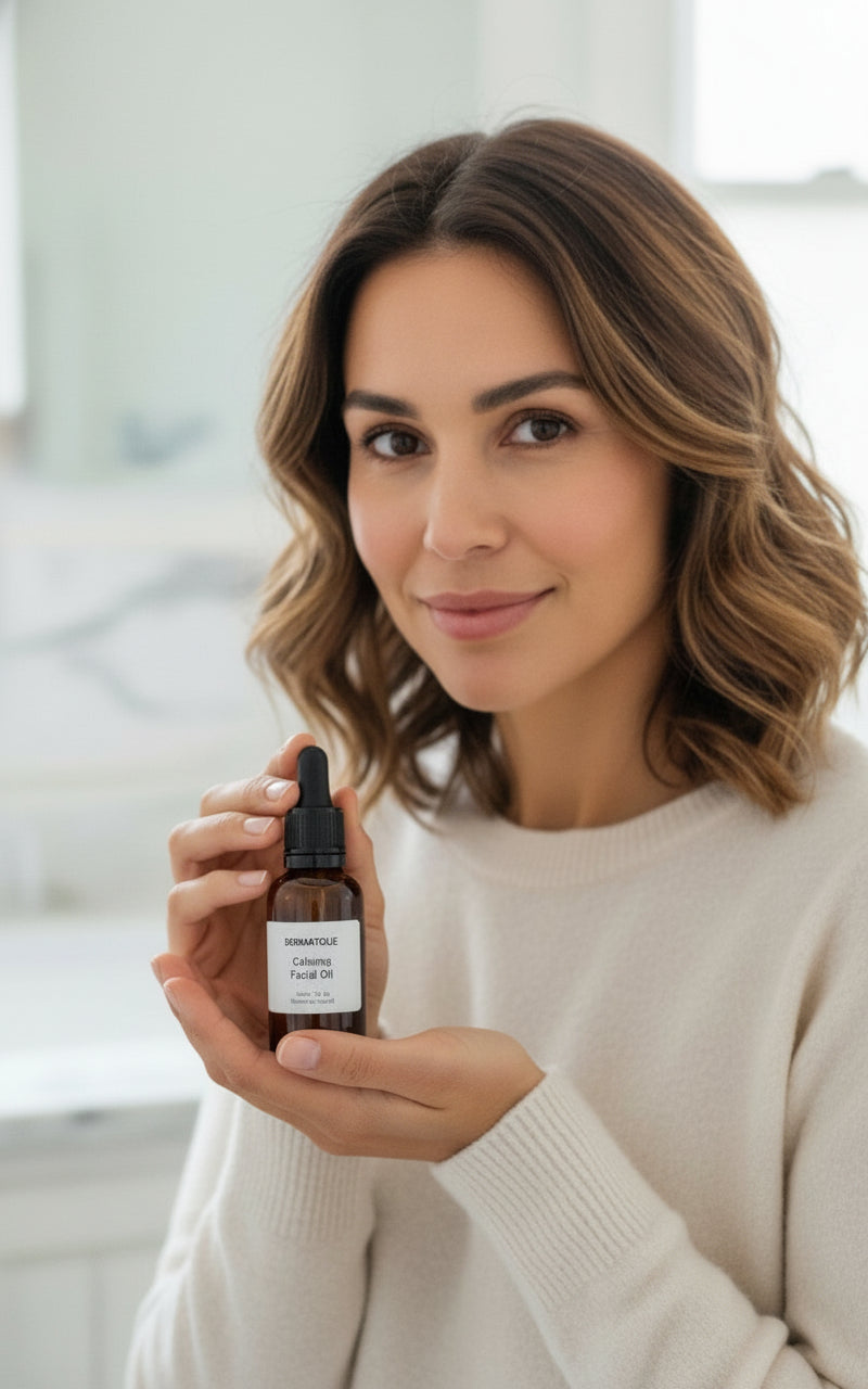 Woman holding a bottle of skincare serum in a bright room